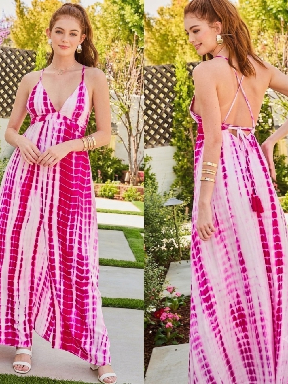 NEW Main Strip Tie-Dye halter Maxi Dress open back Pink beach SMALL